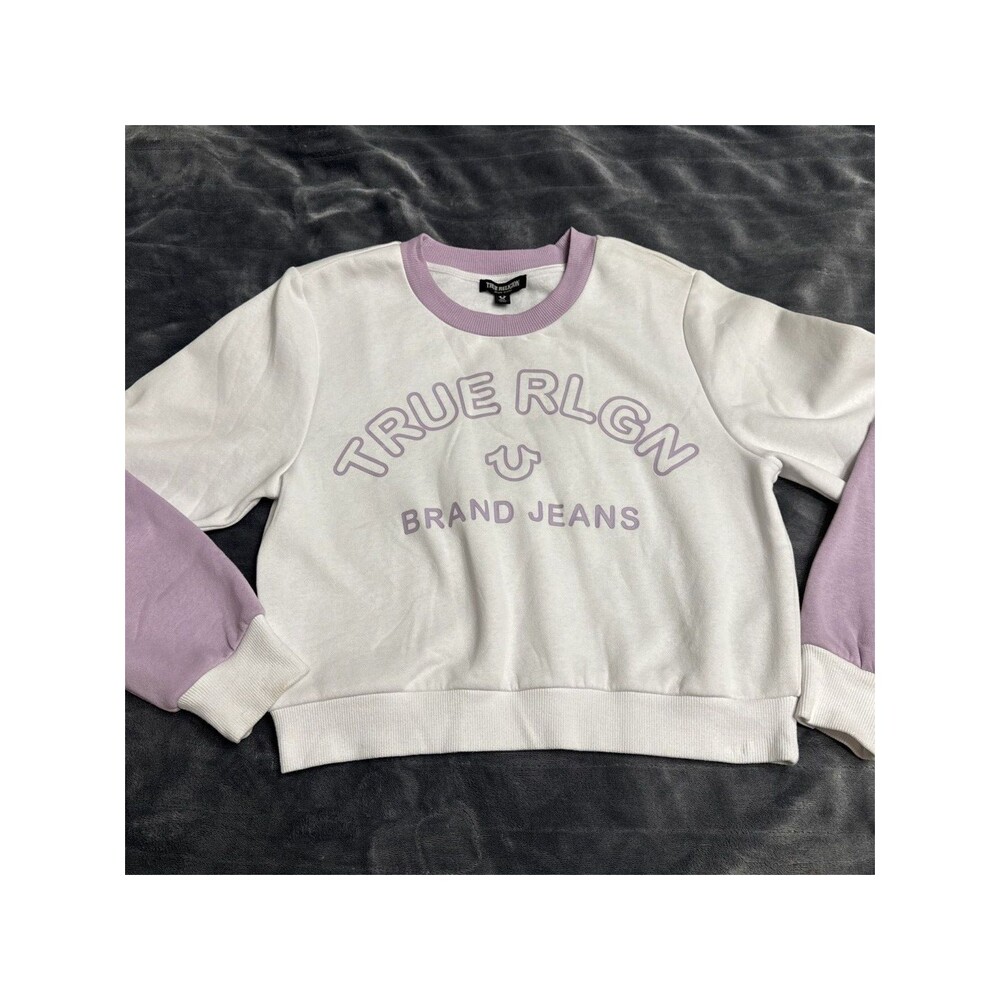 True Religion Sweater Womens Small White Purple Cotton Blend Cozy Streetwear